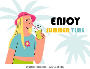 In this illustration, a girl holds a refreshing summer cocktail against the backdrop of palm trees. Her contented expression capture the essence of savoring a cool beverage on a warm summer day.