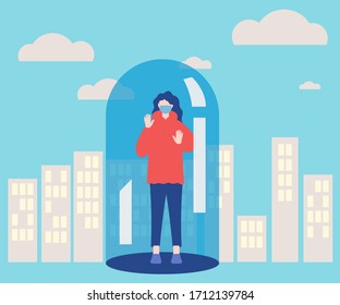 This is an illustration with a girl in a medical mask. A man under a glass dome is trying to get out. The girl in the city is alone due to quarantine.