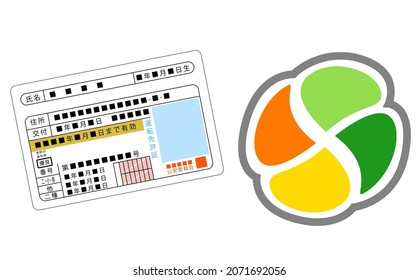 This is an illustration of a gold driver's license and an elderly driver's sign. he Japanese words written on it are driver's license, public safety commission, number, good, name, address.