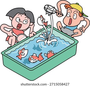 Esta é uma ilustração do goldfish scooping, um jogo típico jogado em festivais japoneses.