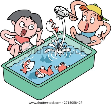 This is an illustration of goldfish scooping, a typical game played at Japanese festivals.