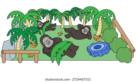 Esta é uma ilustração de um gorila tirando um cochilo na sombra de uma árvore.