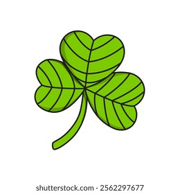 This is an illustration of a green shamrock or three-leaf clover, often associated with Irish culture, St. Patrick’s Day, and good luck. Vector illustration.