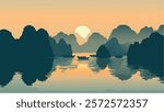 This illustration of Ha Long Bay, Vietnam, captures a stunning sunset view over the tranquil waters, with the sun casting a warm golden hue over the scene
