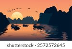 This illustration of Ha Long Bay, Vietnam, captures a stunning sunset view over the tranquil waters, with the sun casting a warm golden hue over the scene