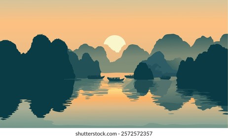 This illustration of Ha Long Bay, Vietnam, captures a stunning sunset view over the tranquil waters, with the sun casting a warm golden hue over the scene