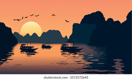 This illustration of Ha Long Bay, Vietnam, captures a stunning sunset view over the tranquil waters, with the sun casting a warm golden hue over the scene