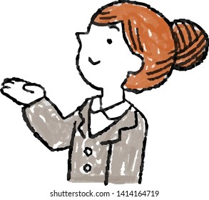 This is an illustration of Illustration of hand drawn cute woman pointing sideways.