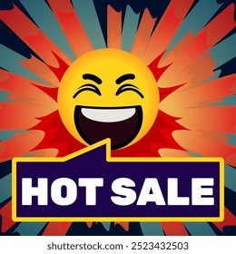 This is an illustration of a happily shouting emoji with a colourful background. The emoji is saying "HOT SALE!"