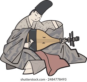 This is an illustration of a Heian aristocrat playing the biwa.