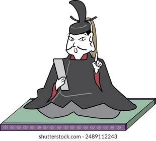 This is an illustration of a Heian aristocrat sitting with his index finger pointed up.