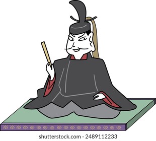 This is an illustration of a Heian period aristocrat sitting with a defiant smile on his face.