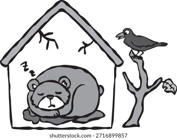 Esta é uma ilustração de um urso hibernando. Às vezes, usam casas vazias como seus ninhos.