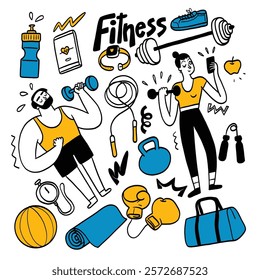 This illustration highlights various elements associated with fitness and exercise. It features individuals engaged in workouts with dumbbells and a kettlebell, The bold title Fitness