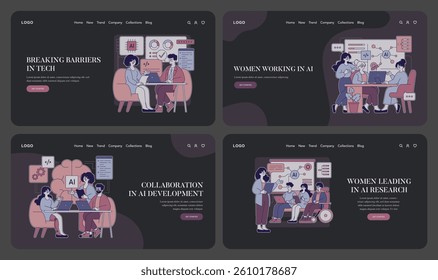 This illustration highlights women working in AI, showcasing collaboration and innovation within the tech industry. The diverse scenes display teamwork, research, and breaking barriers in technology