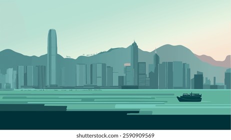 This illustration of Hong Kong captures the stunning contrast between its modern skyscrapers and the natural landscape that surrounds it. 