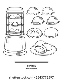 Esta ilustração é 'Hoppang', uma comida de inverno coreana. É uma máquina e muitos tipos de hoppang usado em lojas de conveniência. Tradução: (legumes, batatas doces, pizza, feijão vermelho doce) Hoppang.