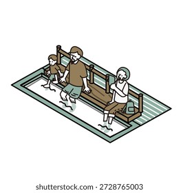 Esta es una ilustración de una fuente termal, que representa a las personas relajándose en un baño de pies.