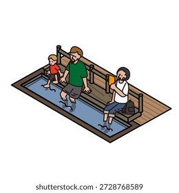 Esta es una ilustración de una fuente termal, que representa a las personas relajándose en un baño de pies.