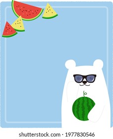 This is an illustration of an image background of a white bear wearing sunglasses and a watermelon.
