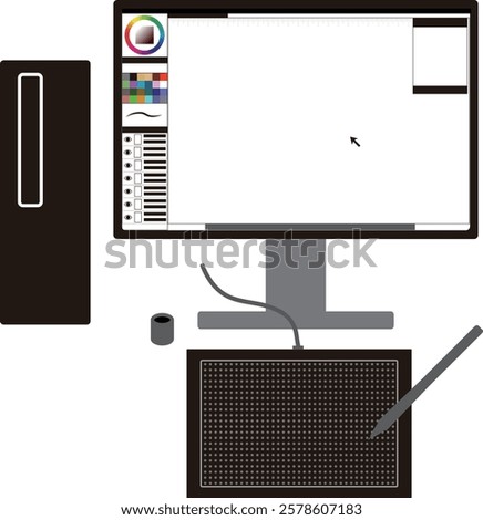 This is an illustration of an image of a desktop PC and a pen tab (board tab) for drawing illustrations and cartoons.