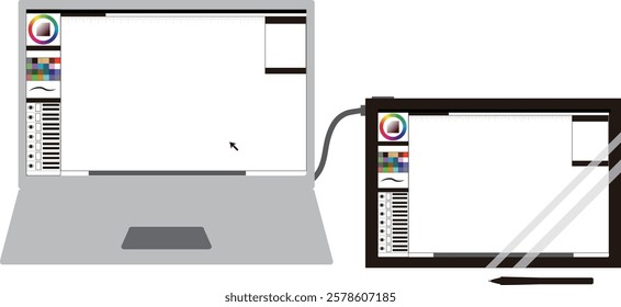 This illustration is an image of digital illustration and cartooning using a laptop computer and liquid tab.