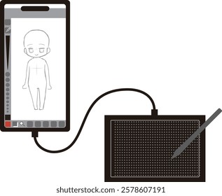 This is an illustration of an image of drawing cartoons and illustrations with a smartphone and a board tab.