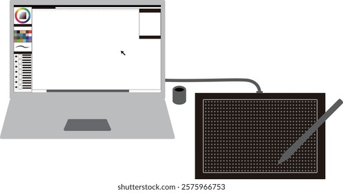 This is an illustration of an image of drawing illustrations and cartoons using a laptop computer and a pen tab (board tab).