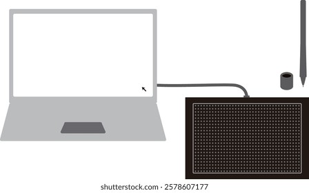 This is an illustration of an image of drawing illustrations and cartoons using a laptop computer and a pen tab (board tab).