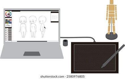 This is an illustration of an image of drawing illustrations and cartoons using a laptop computer and a pen tab (board tab).