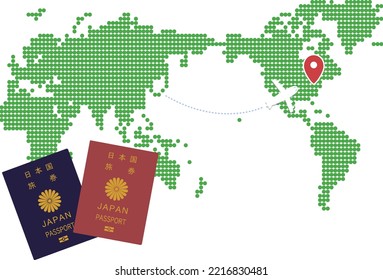 This is an illustration of an image of overseas travel: a world map, a Japanese passport, and an airplane. The written Japanese is "Japanese passport".