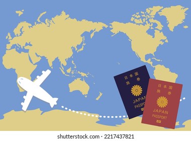 Esta es una ilustración de un viaje al extranjero: un mapa del mundo, un pasaporte japonés y un avión. El japonés escrito es "pasaporte japonés".