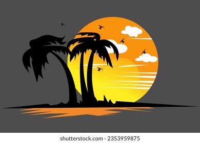 This illustration image reflects the beauty of the evening twilight. You can see the radiance accompanied by flying birds and silhouetted trees.