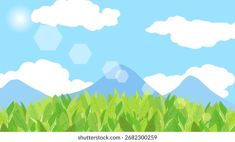 Esta ilustración está inspirada en el cielo azul y el paisaje de los campos de té japoneses. La Relación de aspecto es de 16:9.
