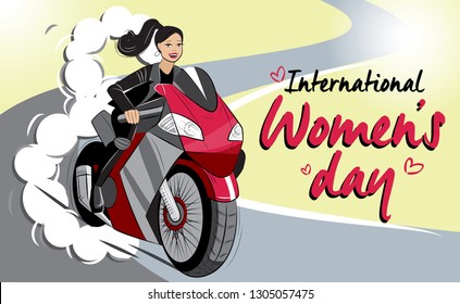 This illustration for the International Women's Day depicts a beautiful young girl riding a sports bike.
