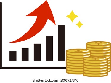 This is an illustration of an investment, with a close-up graph, arrows, and money.