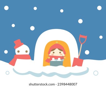 This is an illustration of a Japanese igloo made of snow.There are people baking rice cakes inside.