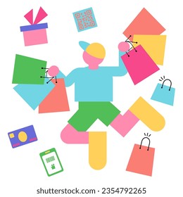 This is an illustration of a jumping man enjoying shopping.