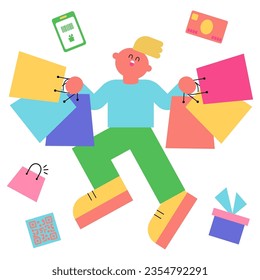 This is an illustration of a jumping man enjoying shopping.