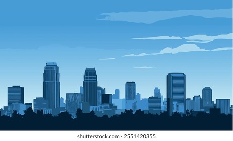 Esta ilustración de Kansas City, Missouri, muestra un impresionante horizonte de la ciudad al atardecer. Los tonos cálidos del sol poniente bañan los edificios de la ciudad, proyectando un resplandor dorado sobre toda la escena. 