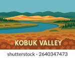 In this illustration, the Kobuk River winds through the Arctic tundra, framed by the unique sand dunes of Kobuk Valley National Park.