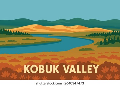 In this illustration, the Kobuk River winds through the Arctic tundra, framed by the unique sand dunes of Kobuk Valley National Park.