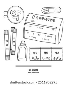 Esta ilustración es una ilustración de medicina coreana, píldoras, farmacias, letreros, vendajes, preparaciones, polvos y pociones. (Traducción: medicina, preparaciones, mañana, tarde)