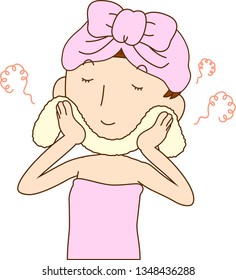 This is an illustration of a lady who is washing the face as after bathing.