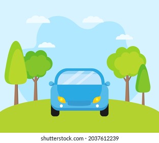Dies ist eine Illustration mit Landschaft und Auto.