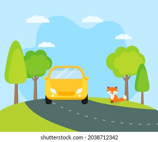 Esta es una ilustración con paisaje y auto.