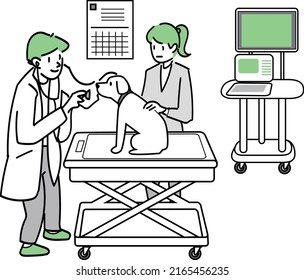 Esta es una ilustración de un perro grande siendo tratado en una clínica veterinaria.
