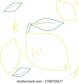 Esta es una ilustración de limones y hojas con líneas dibujadas a mano.