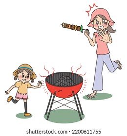 This is an illustration of a little girl trying to touch a hot grill that was lit when her mother took her eyes off during the barbecue.