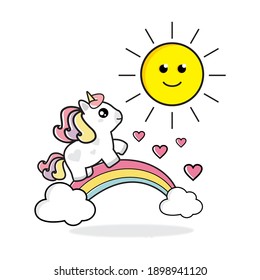 This illustration of a little pony walking on a rainbow to the sun is full of love, this is perfect for cards and children's books and children's clothes